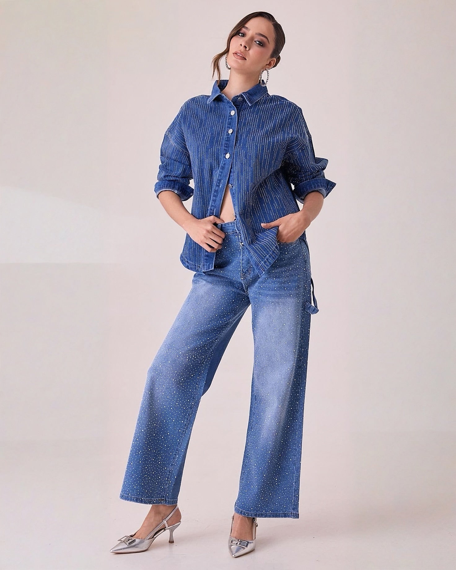 Jeans Rectos de Mujer con Brillos Elegantes Tiro Alto - ROXANZ