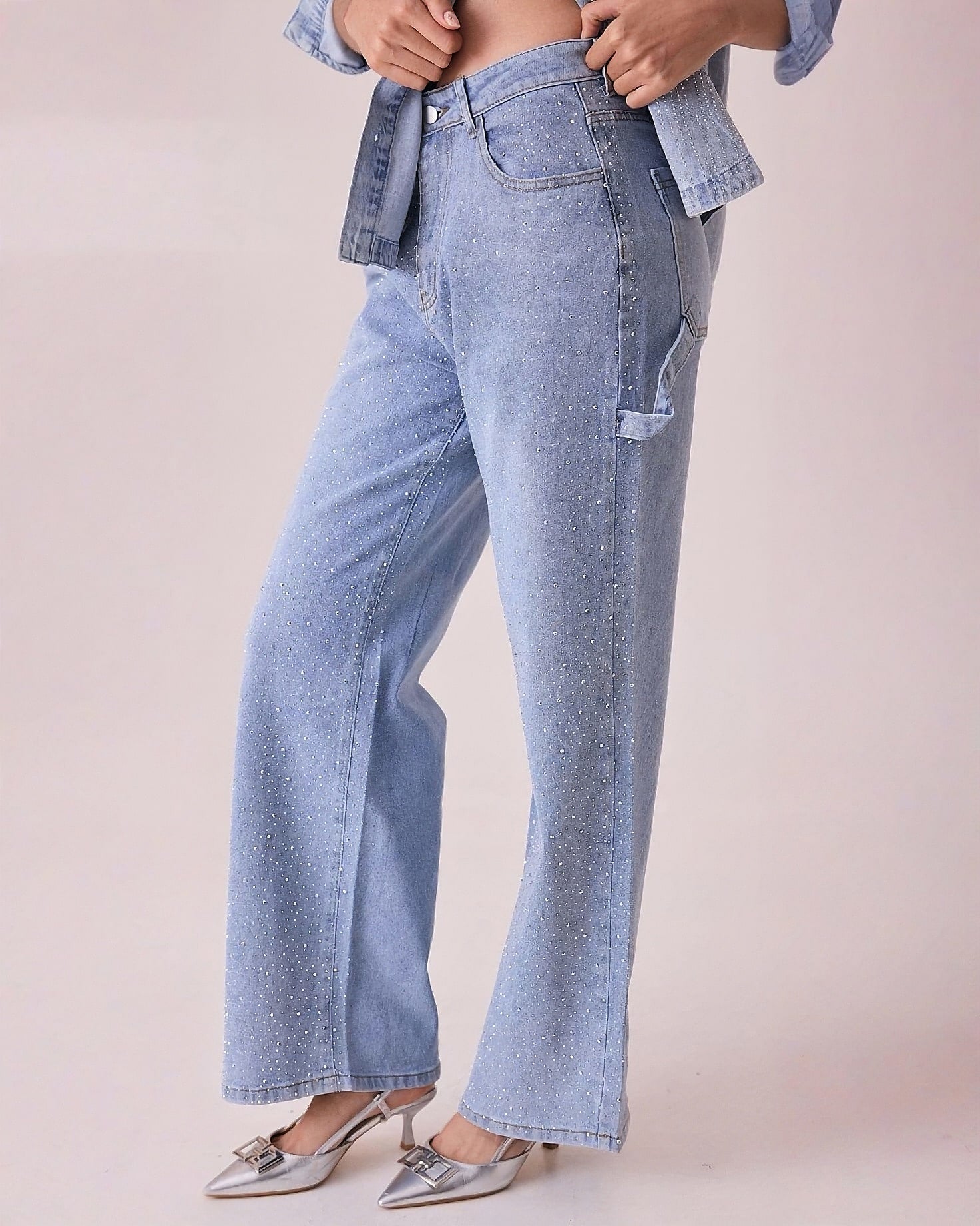 Jeans Rectos de Mujer con Brillos Elegantes Tiro Alto - ROXANZ