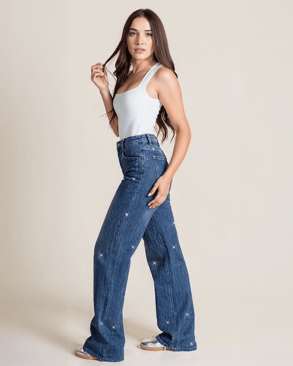 Jeans Wide Leg de Mujer Tiro Alto Azul Brillante - ROXANZ
