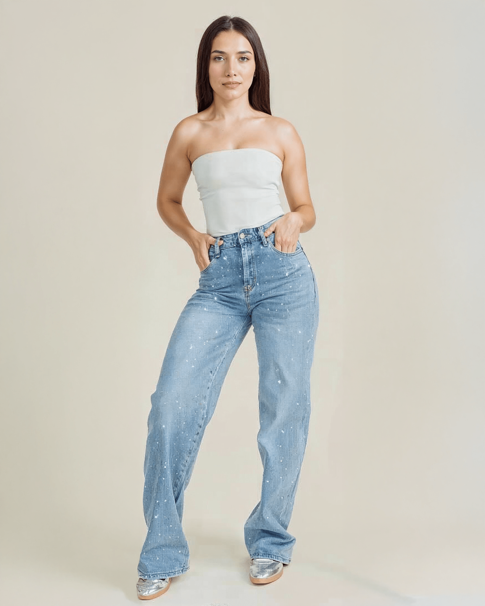 Jeans wide leg de Mujer Tiro Alto Azul Claro Efecto Lavado Con Brillos - ROXANZ
