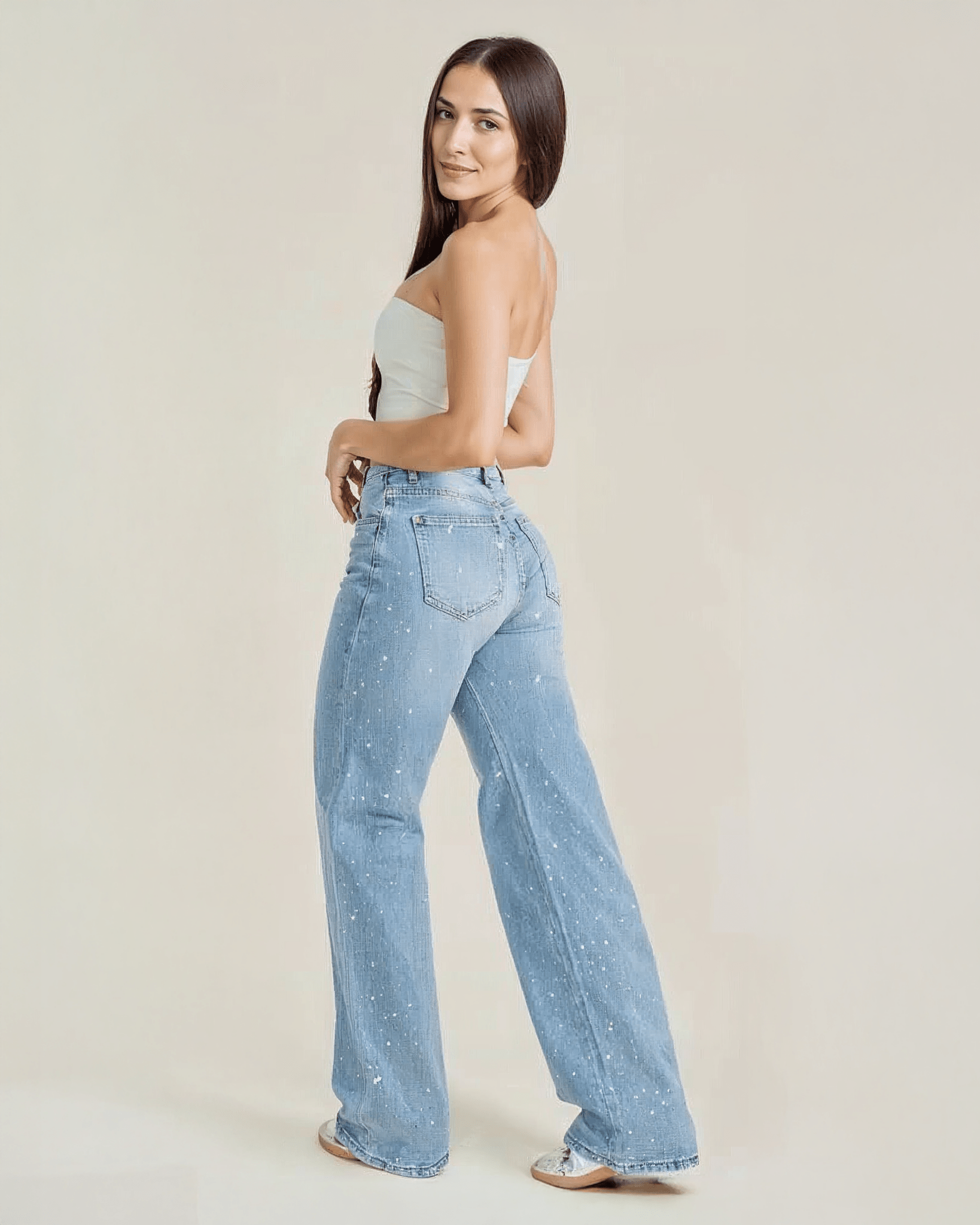 Jeans wide leg de Mujer Tiro Alto Azul Claro Efecto Lavado Con Brillos - ROXANZ