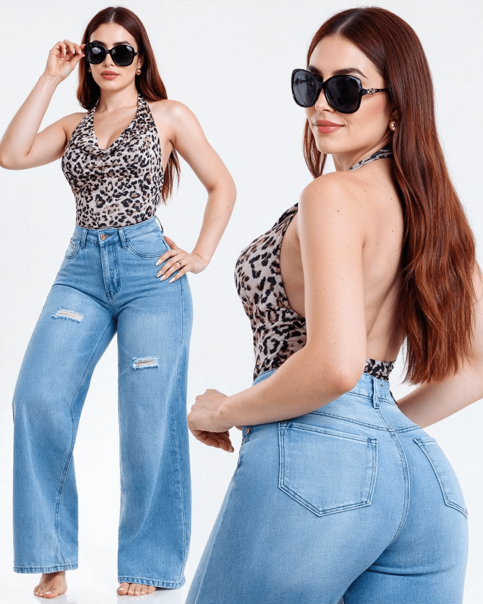 Jeans Wide Leg Mujer Tiro Alto Azul Claro Rasgados - ROXANZ