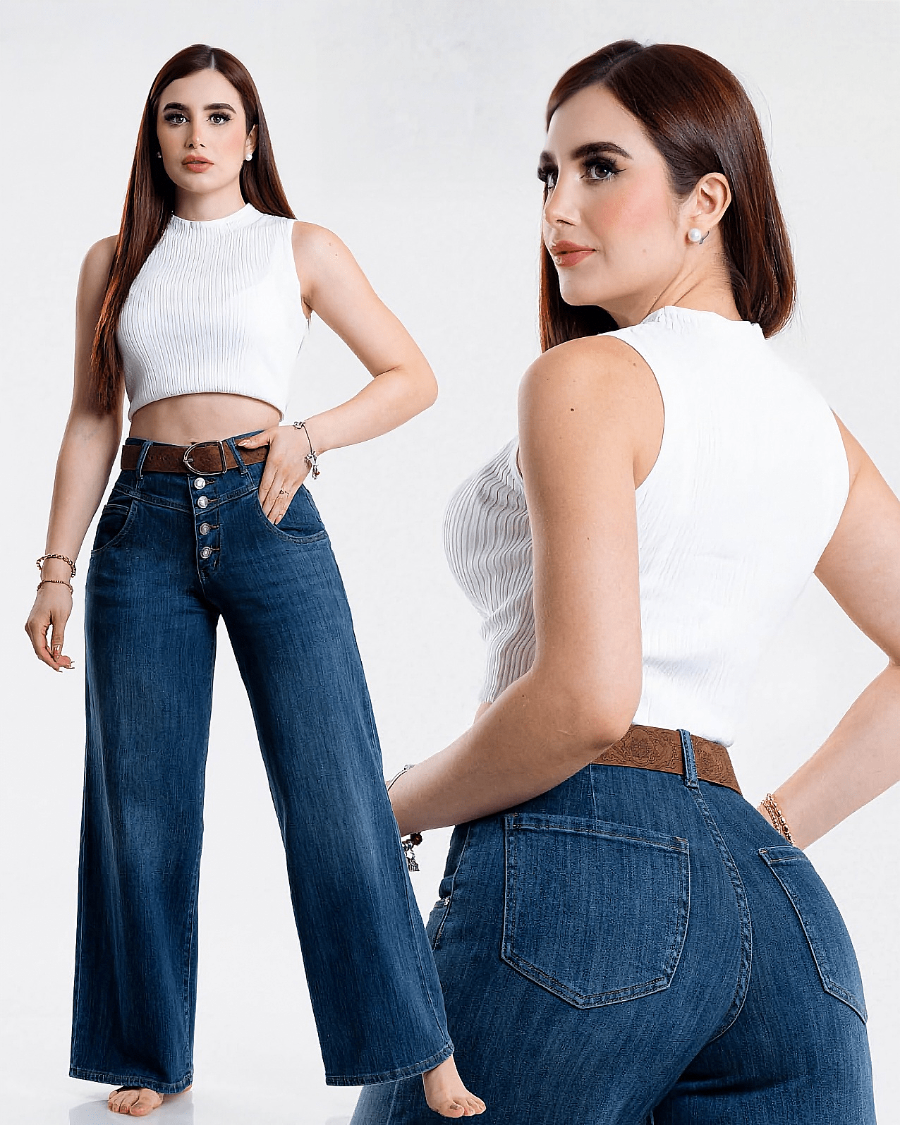 Jeans Wide Leg Tiro Alto Mujer Azul Confort - ROXANZ