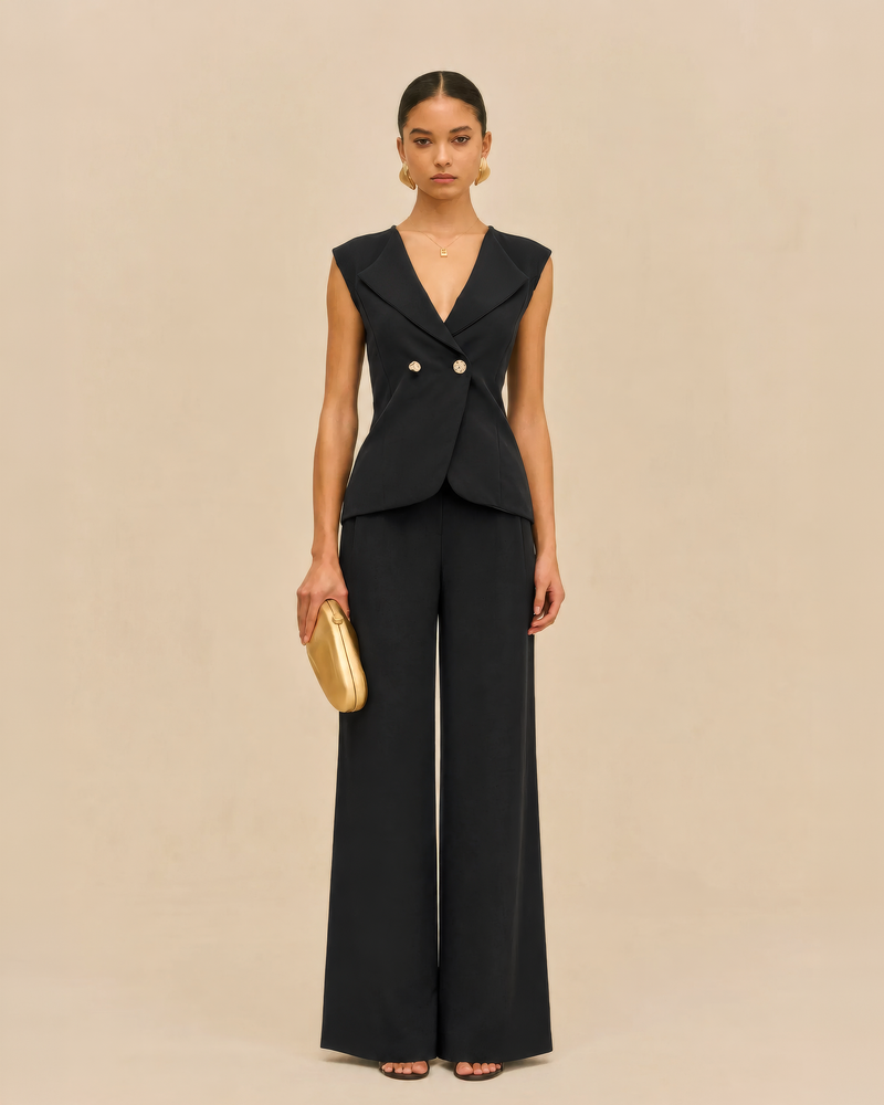 Conjunto de Chaleco Doble Botón Negro Satinado M Negro
