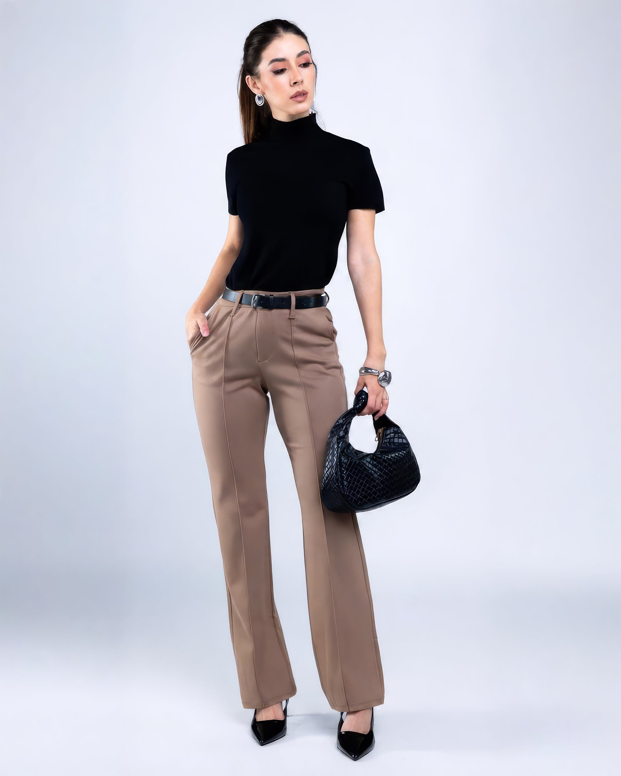 Pantalón Vestir Recto Café Plisado