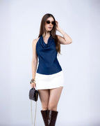 Blusa Halter Cuello Drapeado Azul Marino