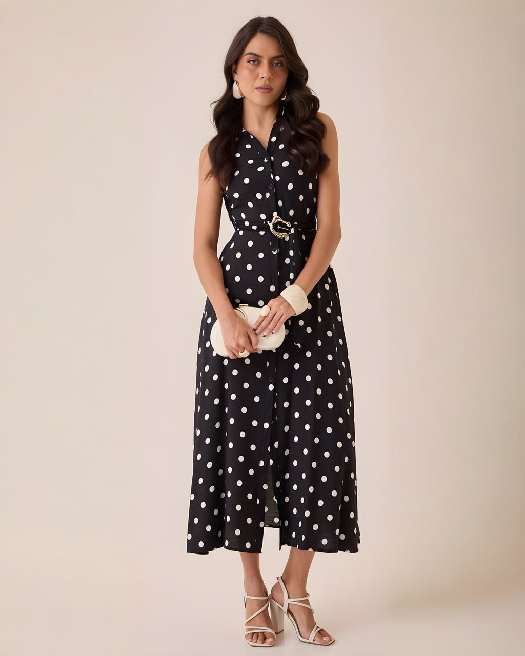 Vestido Midi Negro Lunares Cinturón
