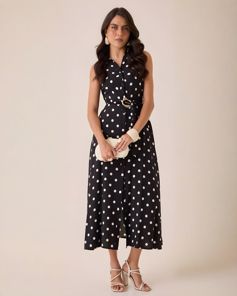 Vestido Midi Negro Lunares Cinturón M Negro