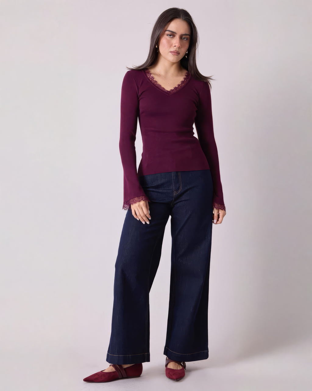 Blusa Tejido Tejido Vino Encaje Manga Larga