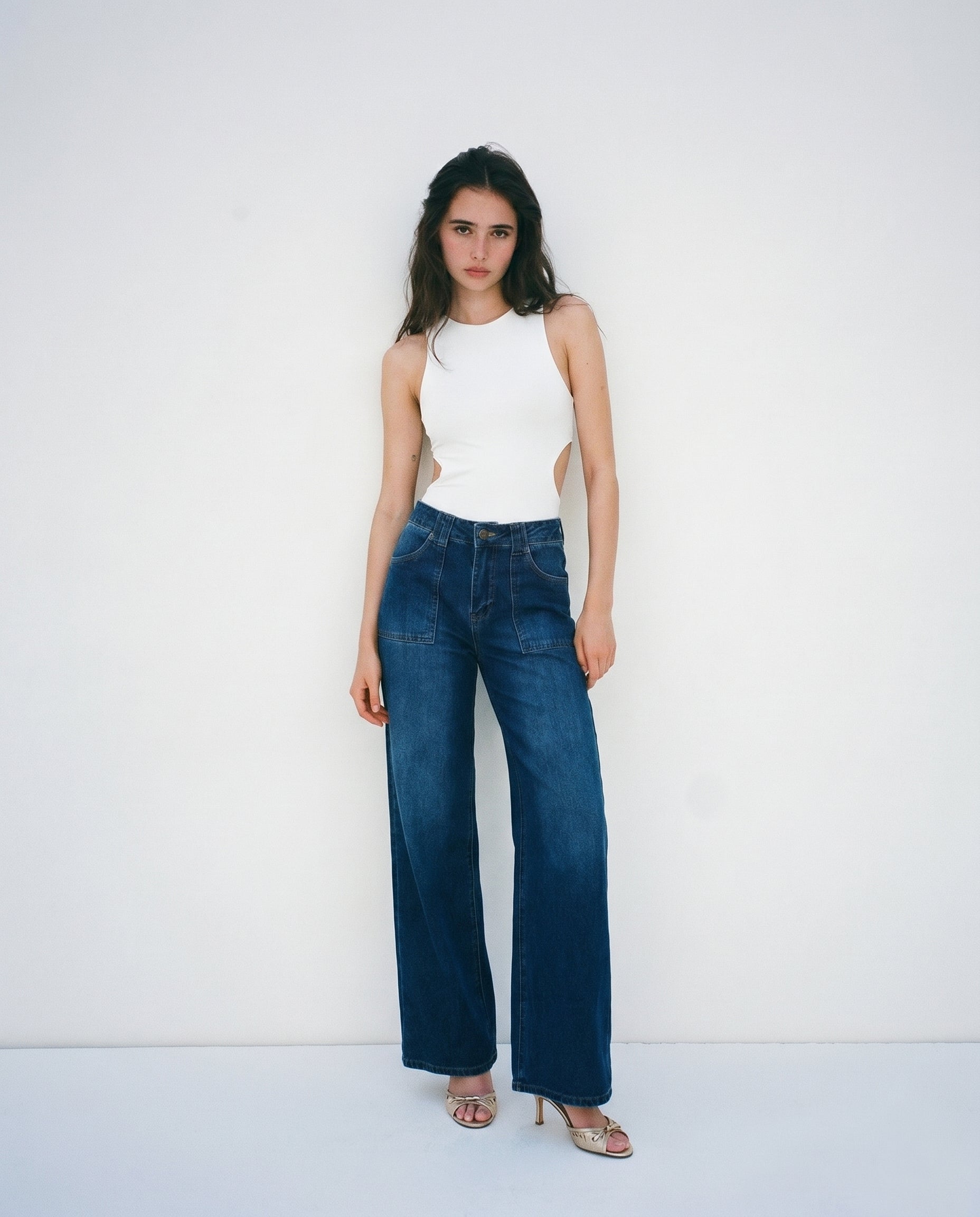 Jeans Wide Leg Mezclilla Azul Oscuro