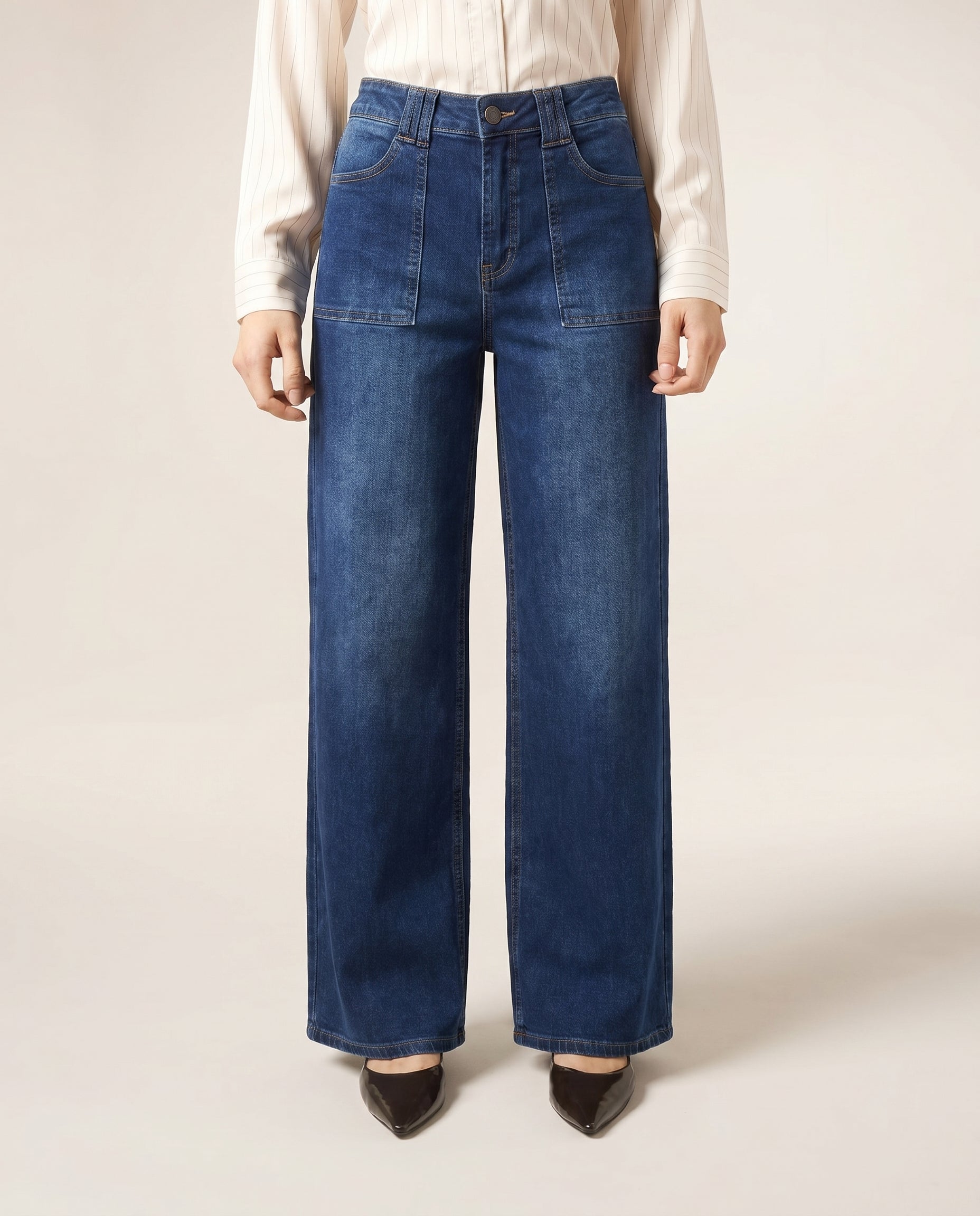 Jeans Wide Leg con Dos Bolsas al Frente