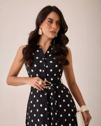 Vestido Midi Negro Lunares Cinturón