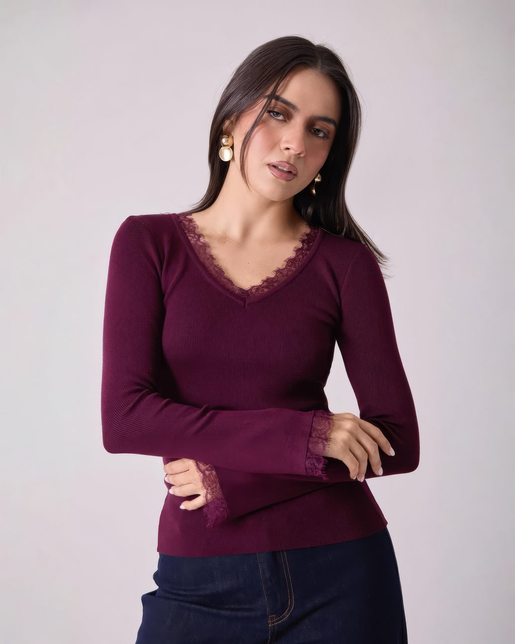 Blusa Tejido Tejido Vino Encaje Manga Larga