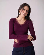 Blusa Tejido Tejido Vino Encaje Manga Larga