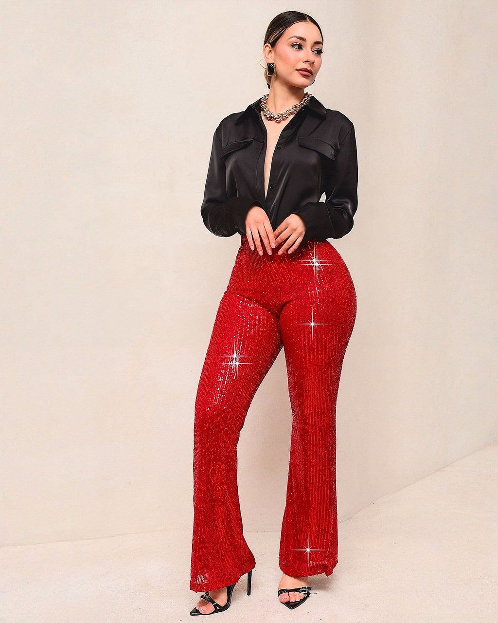 Pantalón Campana de Lentejuelas para Mujer Elegante Fiesta - ROXANZ