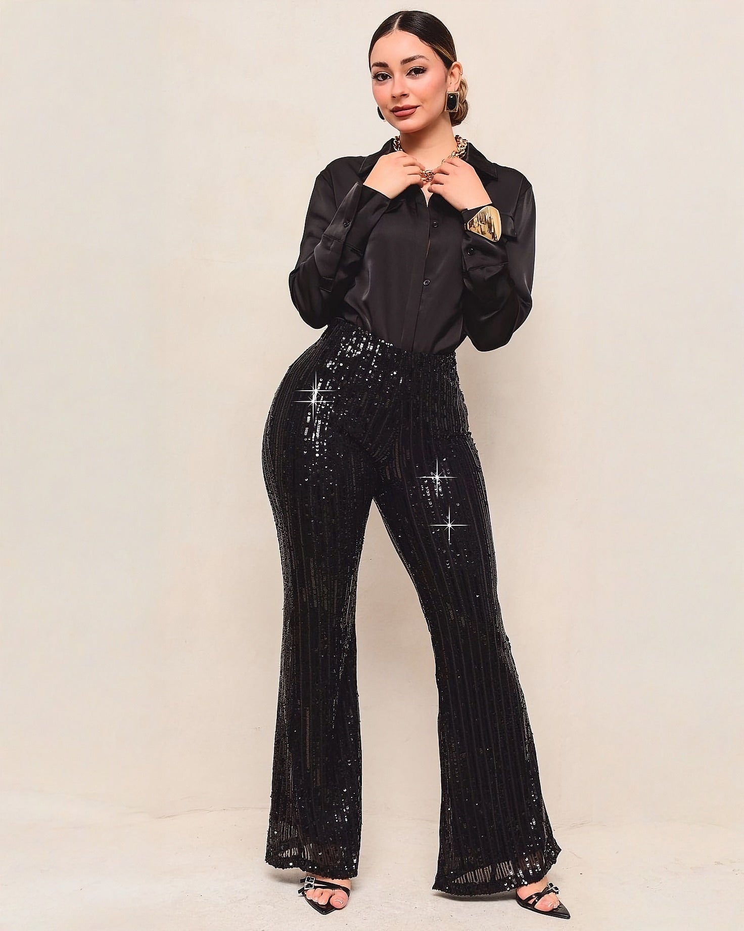 Pantalón Campana de Lentejuelas para Mujer Elegante Fiesta - ROXANZ