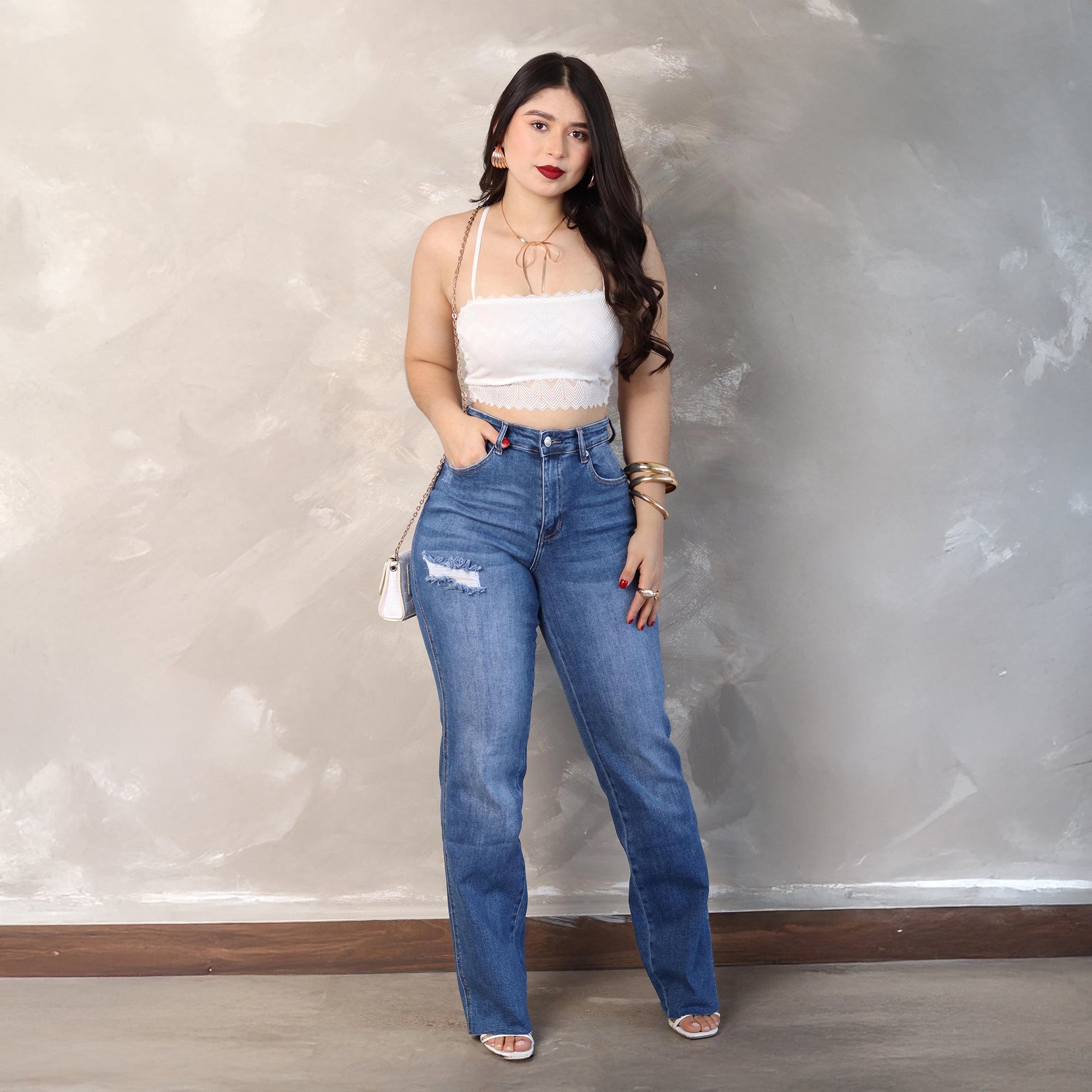 Pantalón de Cintura Alta con Detalle de Desgaste - Roxanz