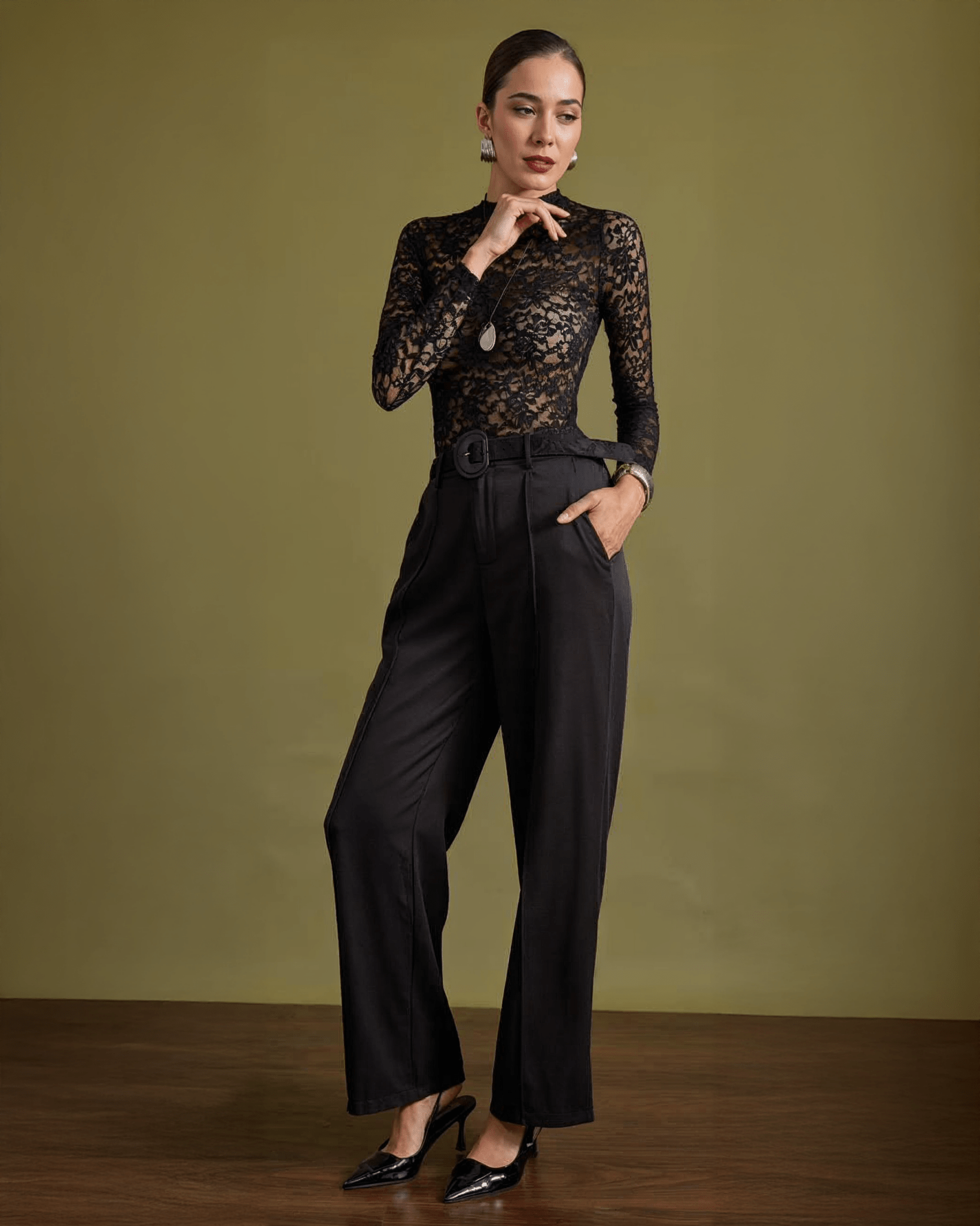 Pantalón de Vestir Con Cinturón de Encaje - ROXANZ