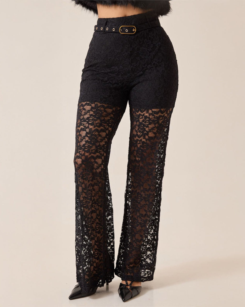 Pantalón Palazzo de Encaje Negro Transparente para Mujer - ROXANZ
