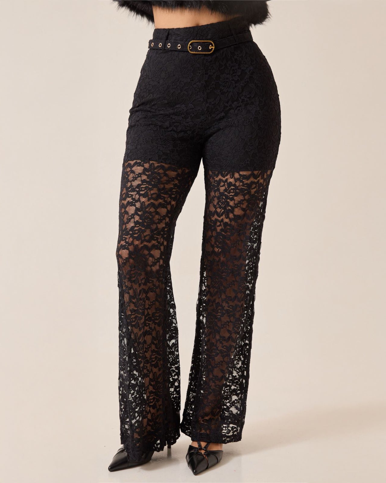 Pantalón Palazzo de Encaje Negro Transparente para Mujer - ROXANZ