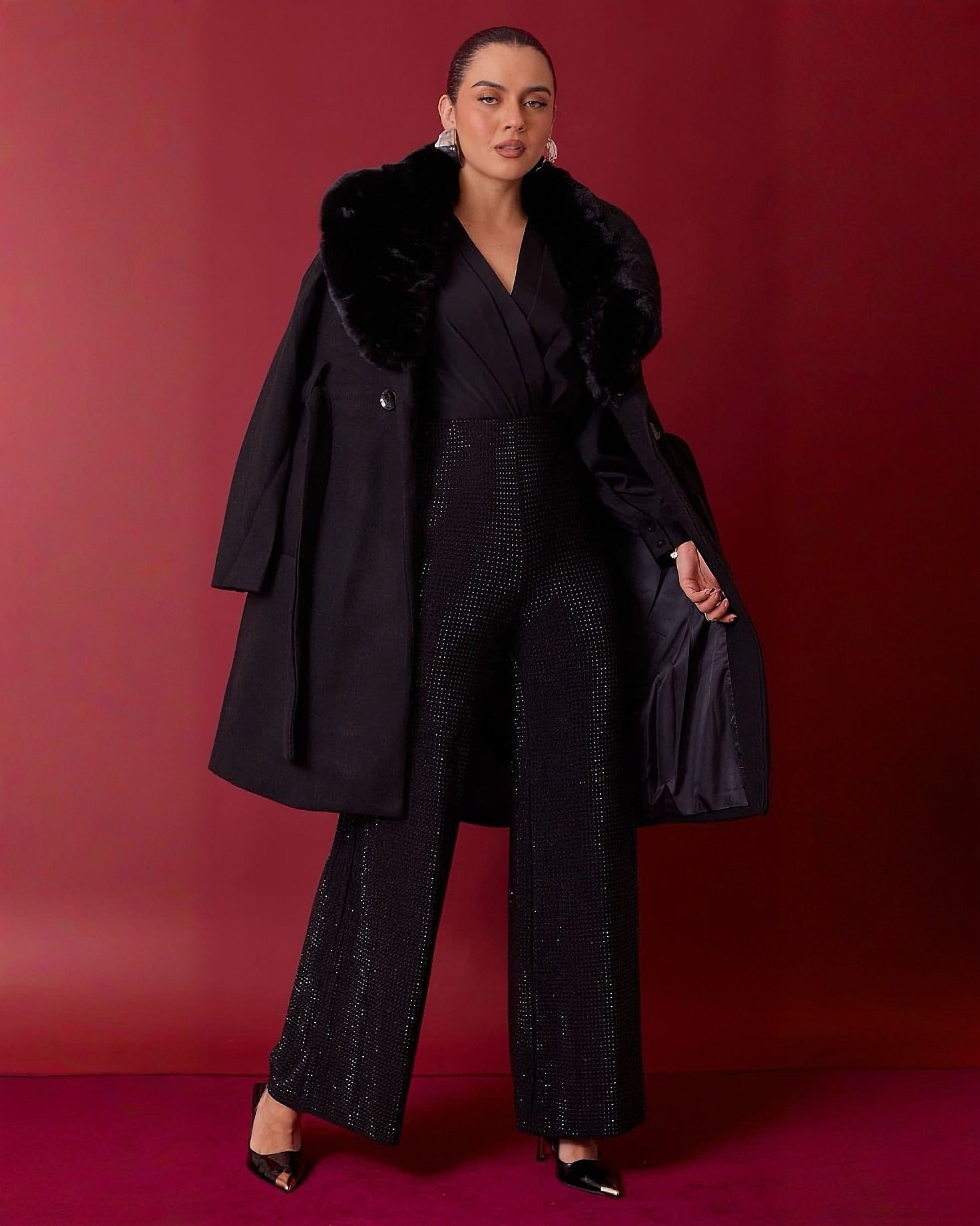 Pantalón Wide Leg Negro Brillante para Fiesta - ROXANZ