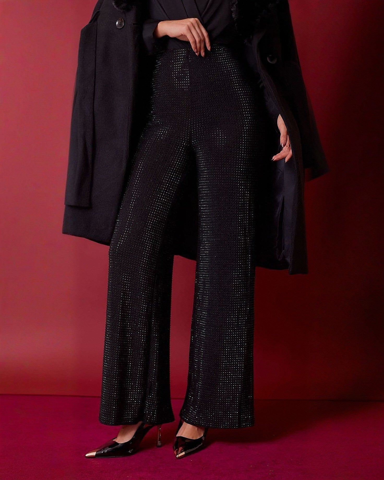 Pantalón Wide Leg Negro Brillante para Fiesta - ROXANZ