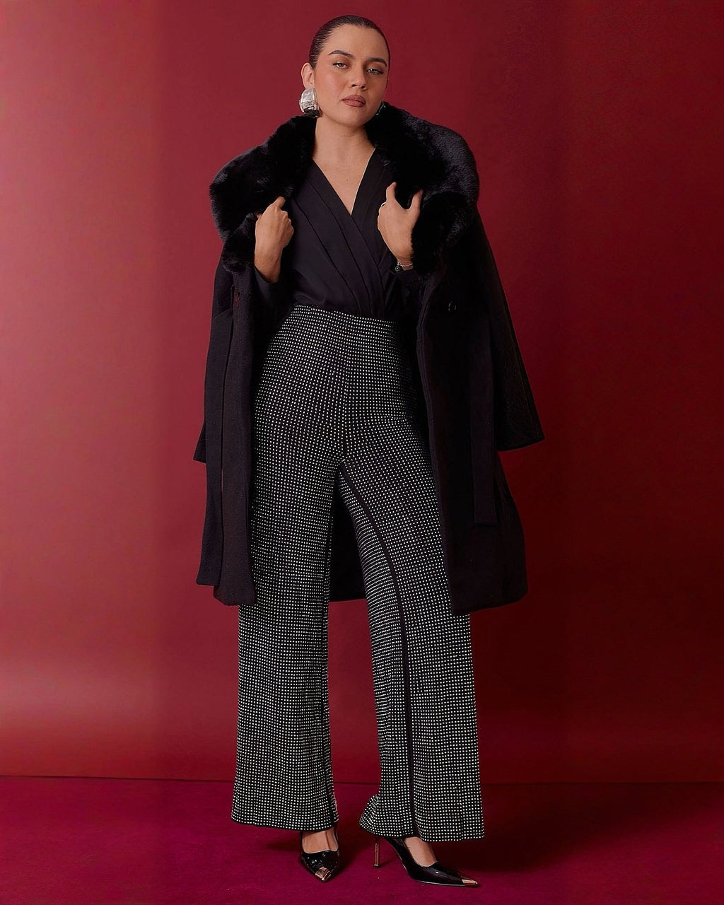 Pantalón Wide Leg Negro Brillante para Fiesta - ROXANZ