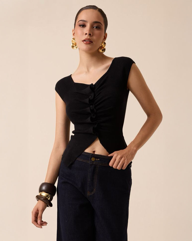 Blusa de Punto con Detalle Fruncido y Escote Asimétrico
