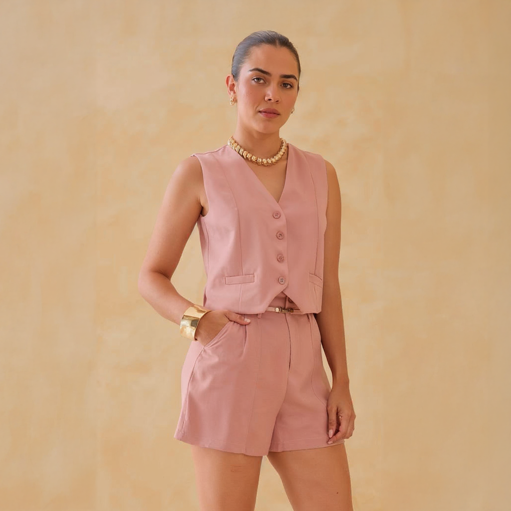 Conjunto De Short y Chaleco En Colores Neutros para Mujer