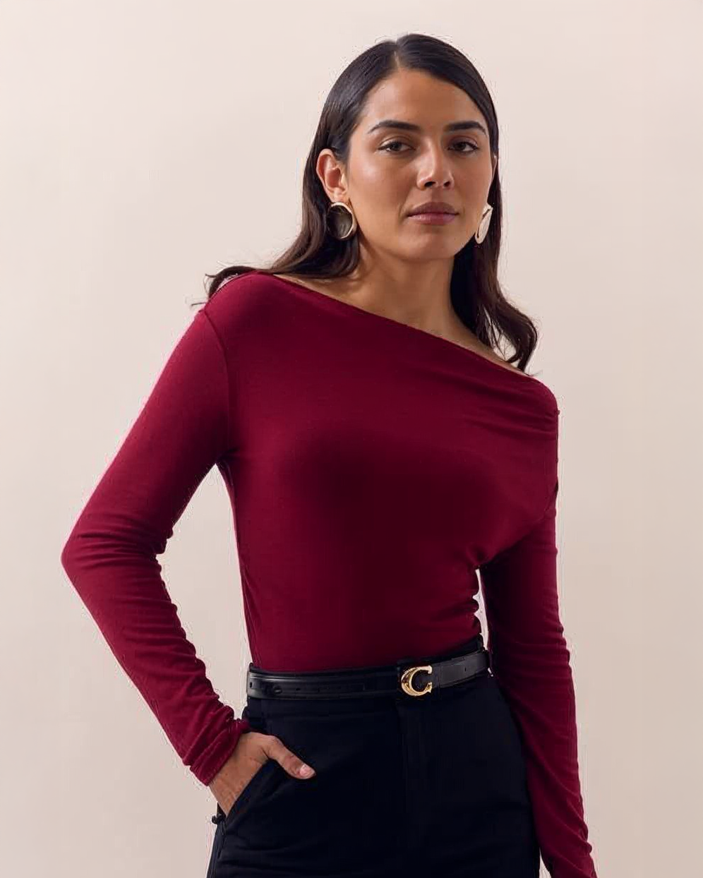 Blusa Manga Larga Mujer Escote Asimétrico