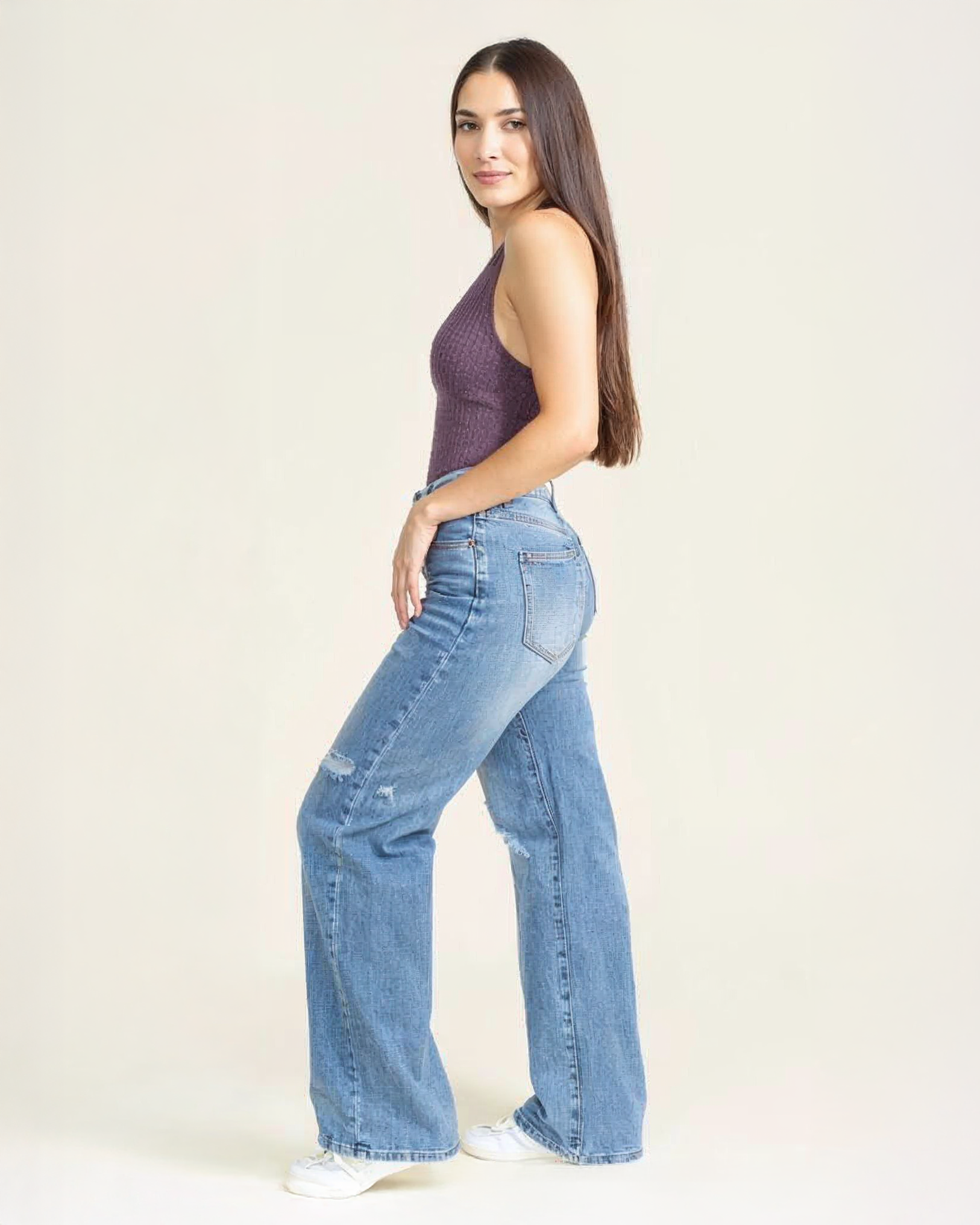 Jeans Wide Leg de Mujer Tiro Alto Azul Claro Rasgados