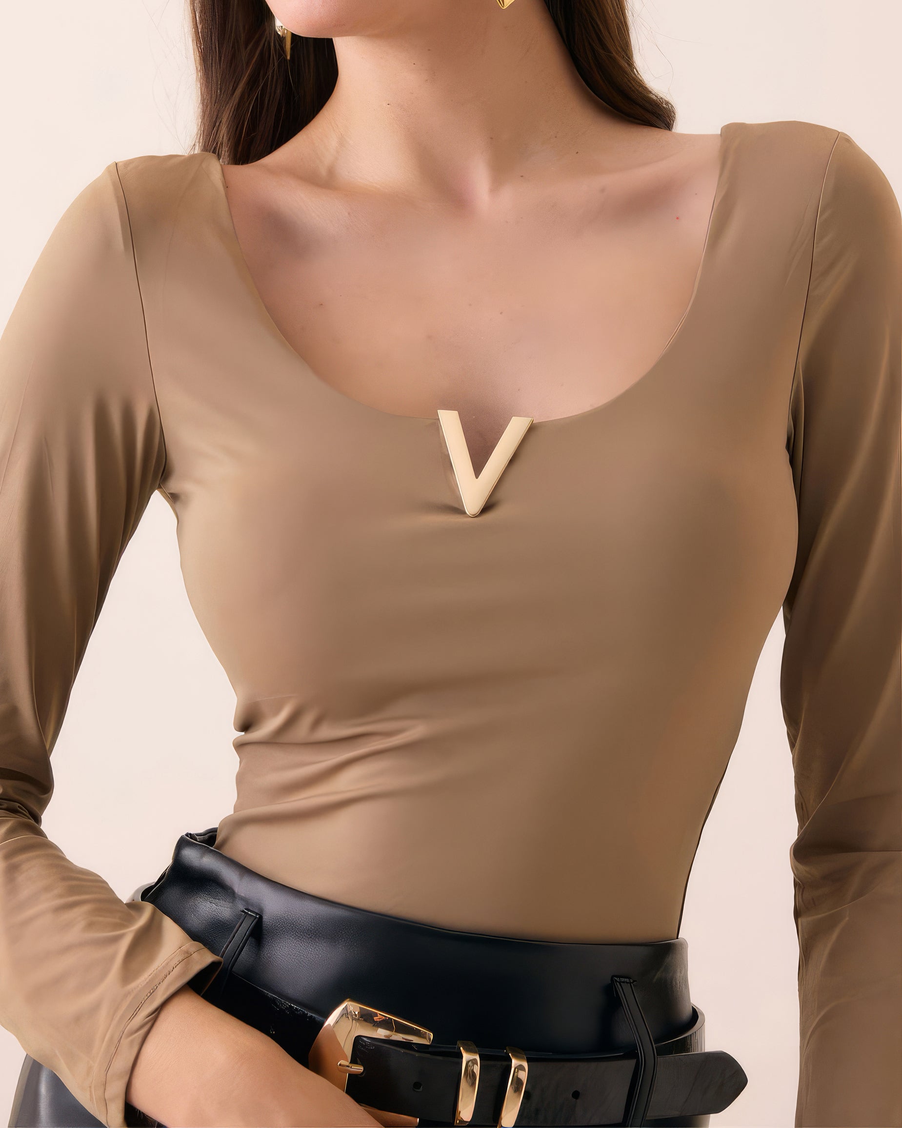 Body de Manga Larga con Escote V y Detalle Metálico para Mujer