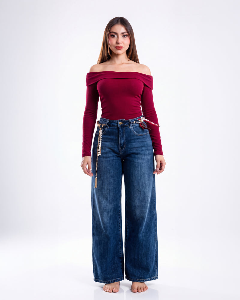 Jeans Straight Wide Mezclilla Azul Oscuro Cinturon Azul Oscuro