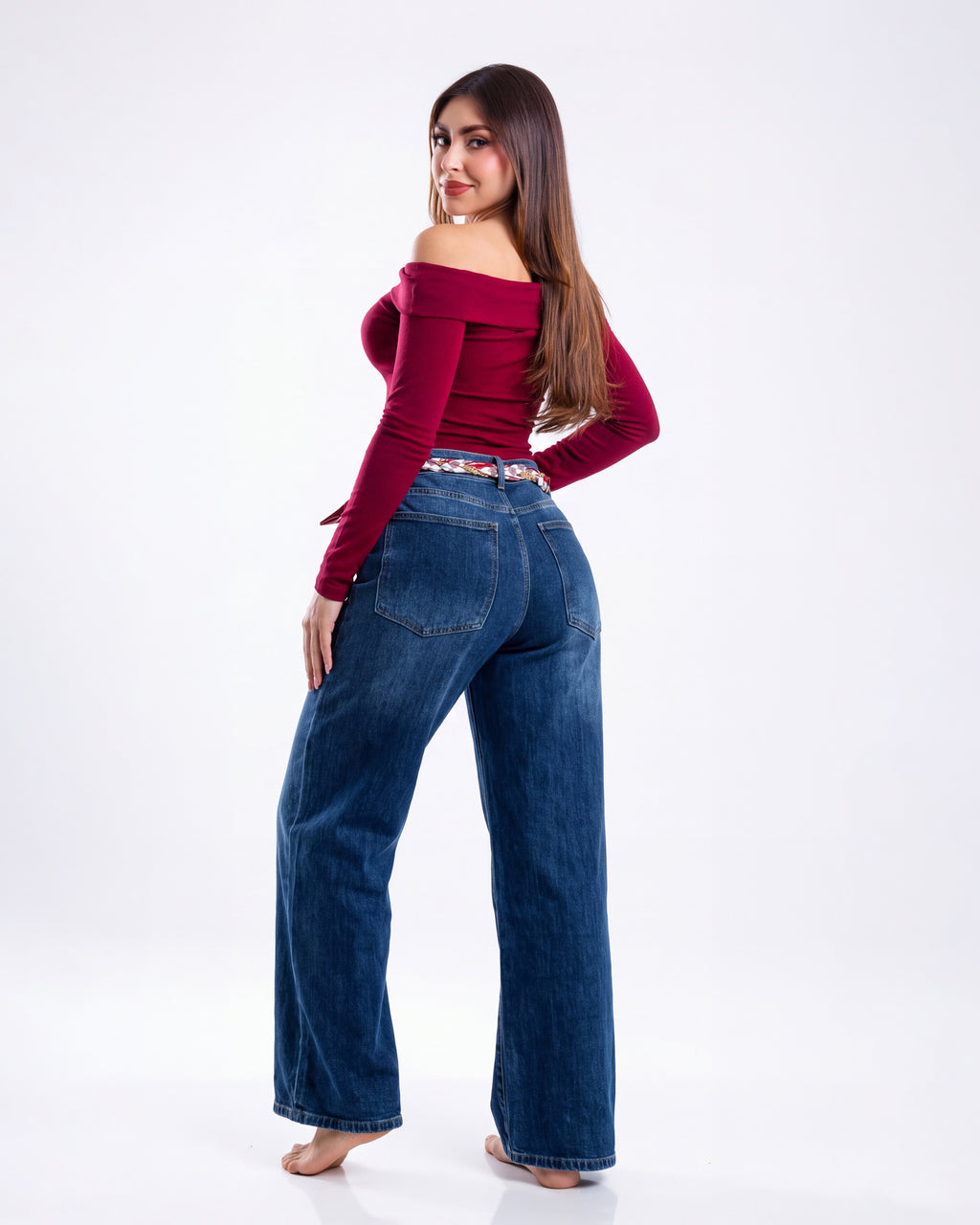 Jeans Straight Wide Mezclilla Azul Oscuro Cinturon