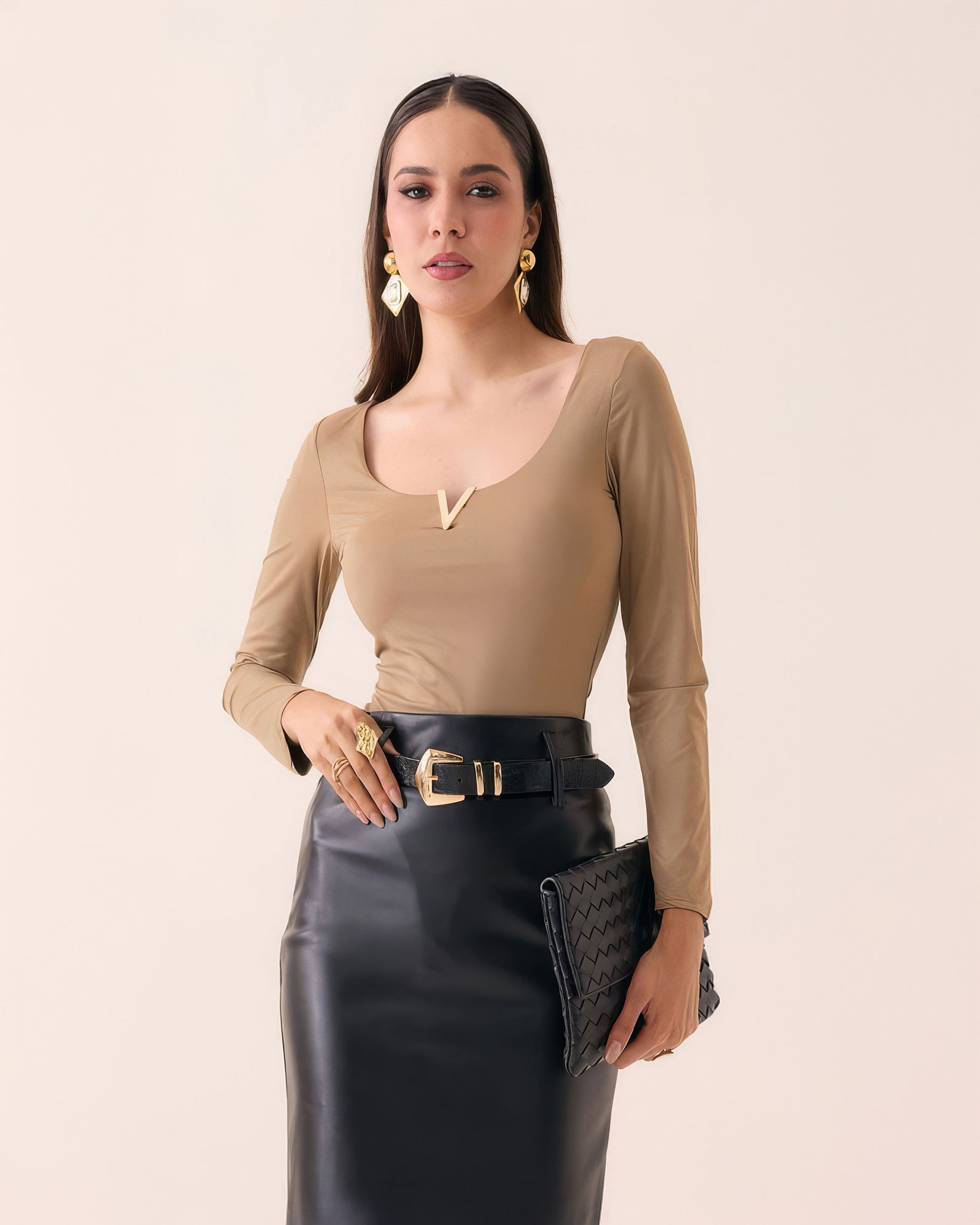 Body de Manga Larga con Escote V y Detalle Metálico para Mujer