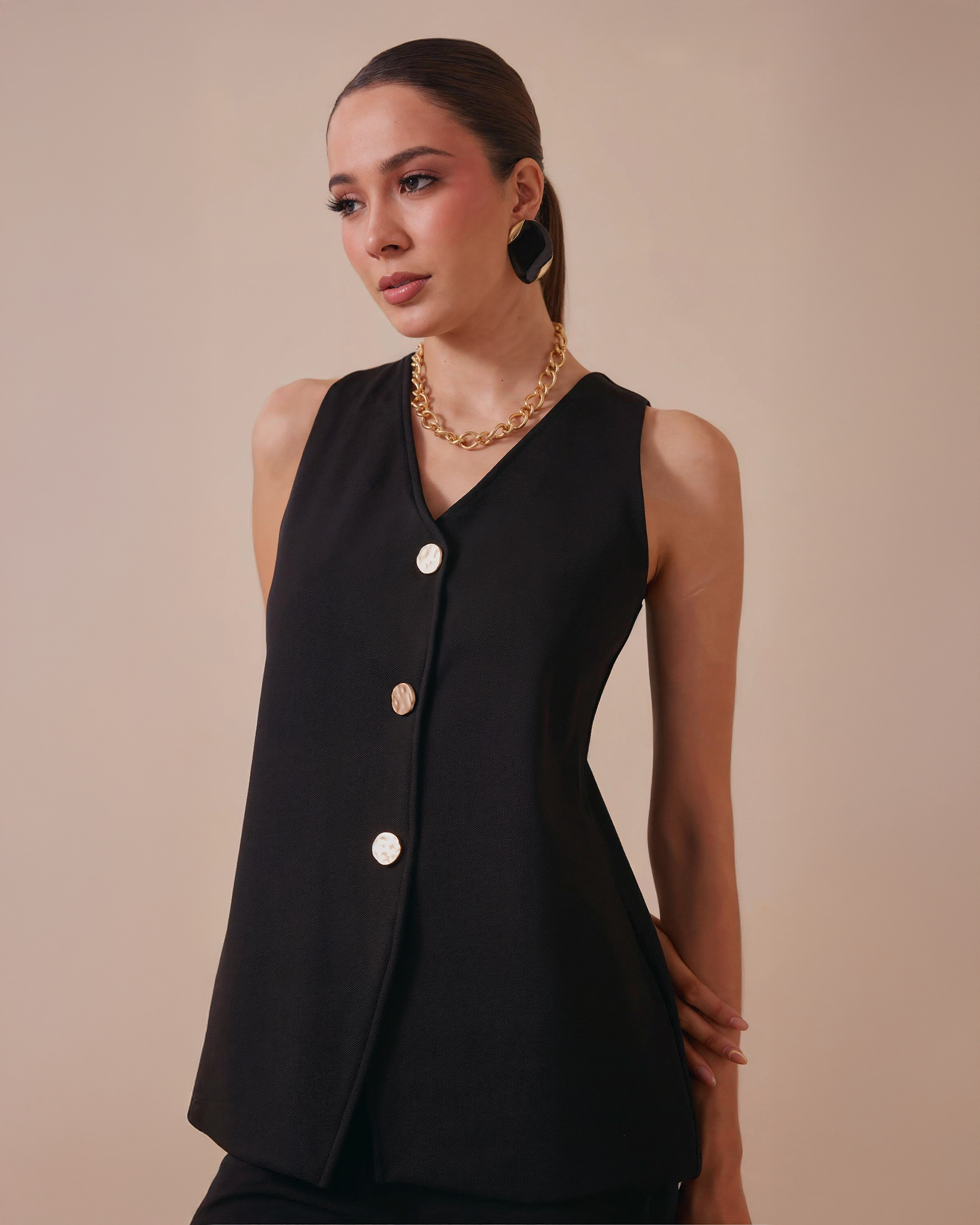 Conjunto De Chaleco Largo Con Botones Dorados Maxi