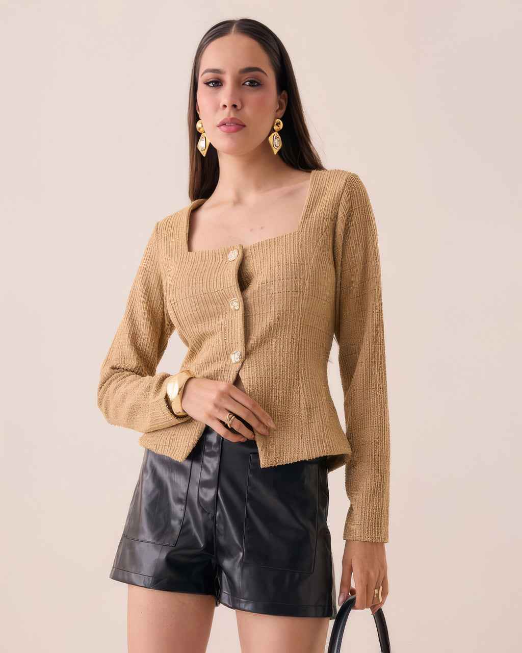 Blusa de Punto con Botones y Escote Cuadrado para Mujer