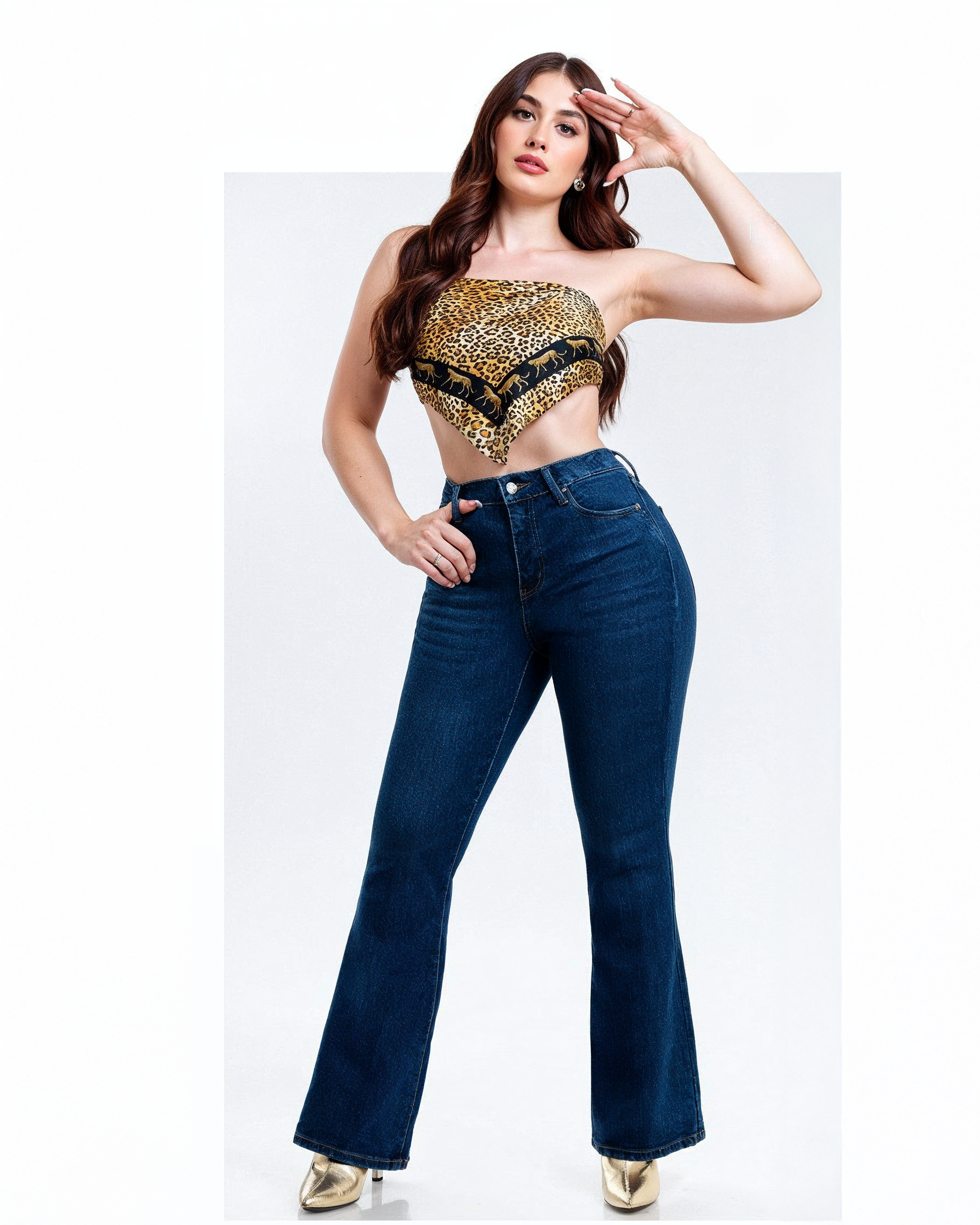 Jeans Campana Mujer Tiro Alto Azul Oscuro