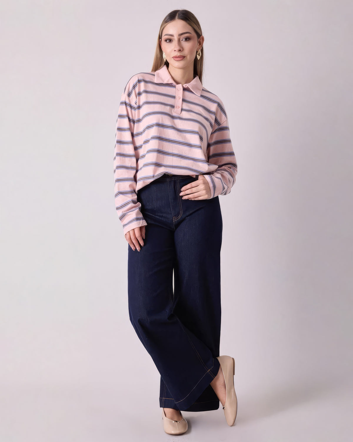 Blusa Polo Rayas Rosa Azul Botones