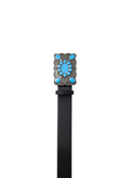 ROXANZ black leather belt with ornate silver buckle featuring turquoise stones and a bohemian design.