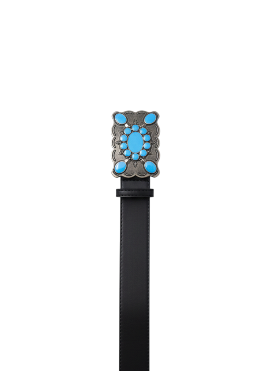 ROXANZ black leather belt with ornate silver buckle featuring turquoise stones and a bohemian design.