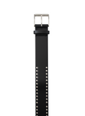 ROXANZ black faux leather belt with silver studs and metal buckle. Women's fashion accessory.