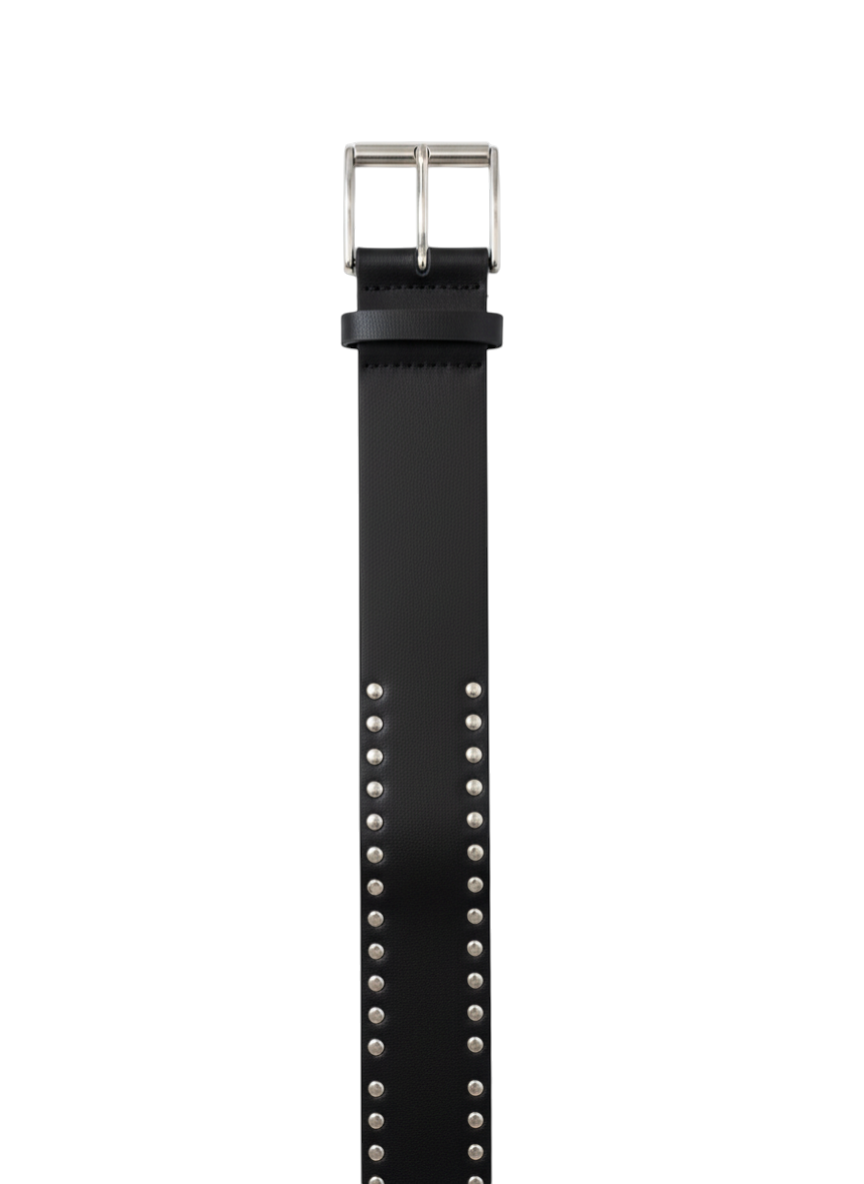 ROXANZ black faux leather belt with silver studs and metal buckle. Women's fashion accessory.