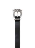 ROXANZ black faux leather western belt with ornate silver-tone buckle and embossed pattern.