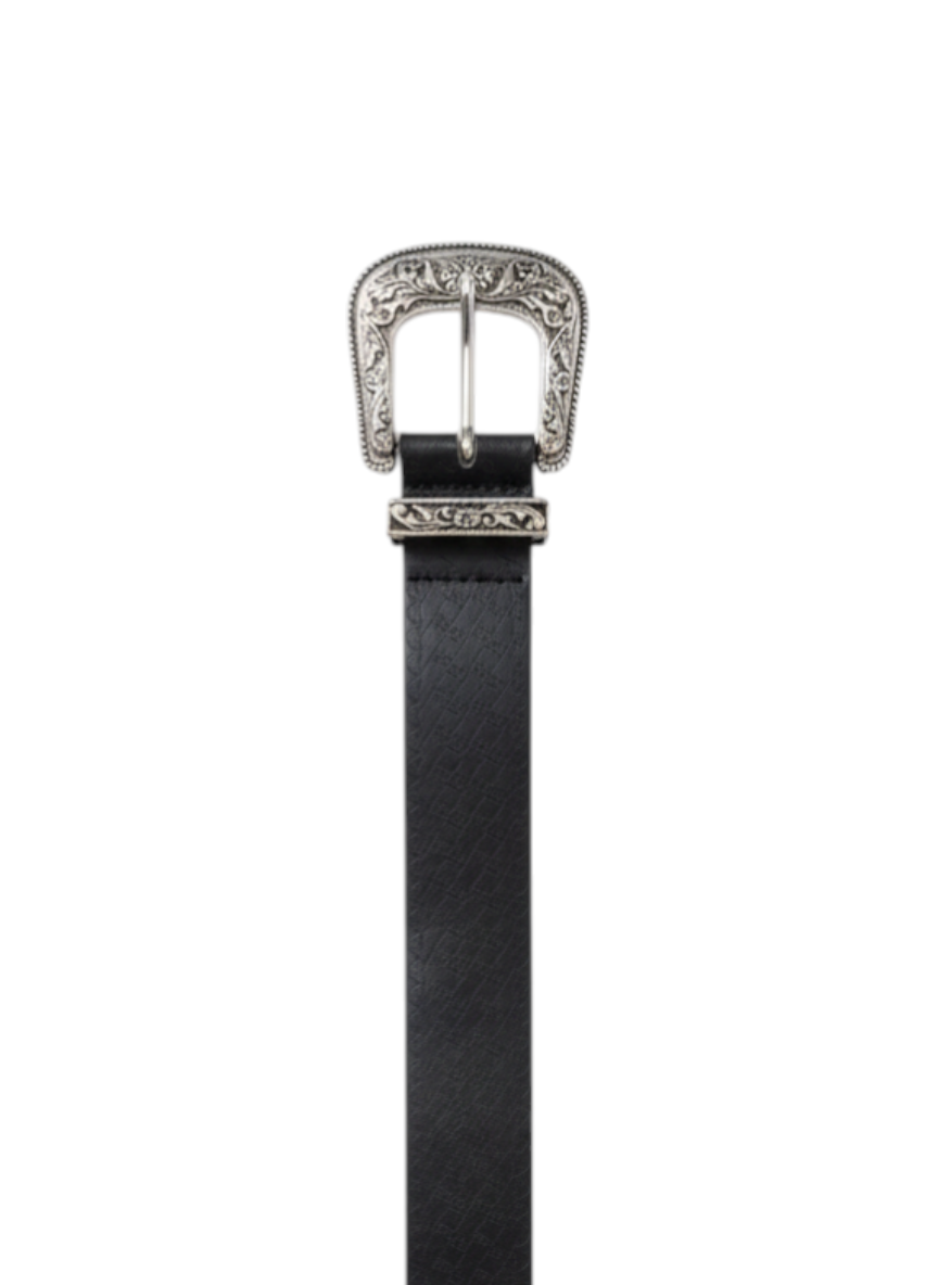 ROXANZ black faux leather western belt with ornate silver-tone buckle and embossed pattern.