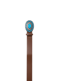 ROXANZ brown faux leather belt with ornate turquoise and silver buckle, boho-chic style.
