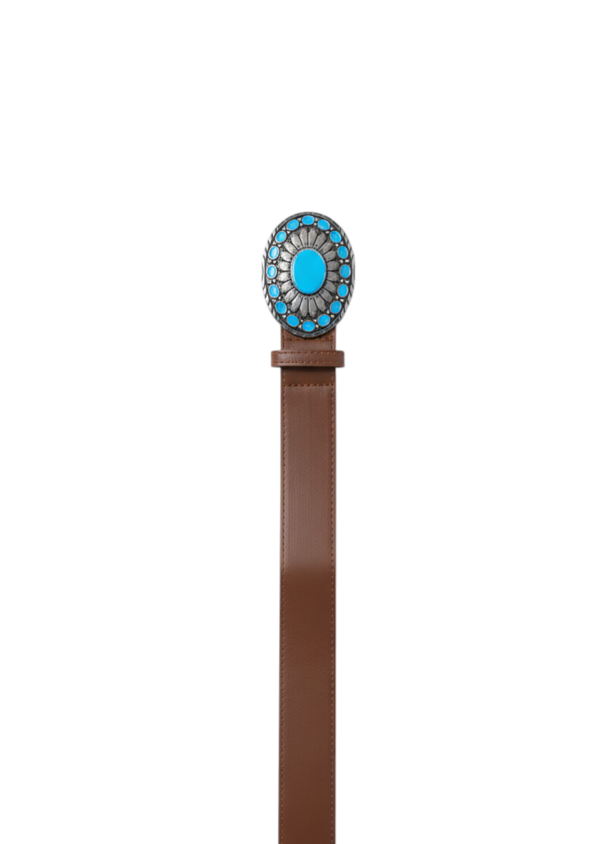 ROXANZ brown faux leather belt with ornate turquoise and silver buckle, boho-chic style.
