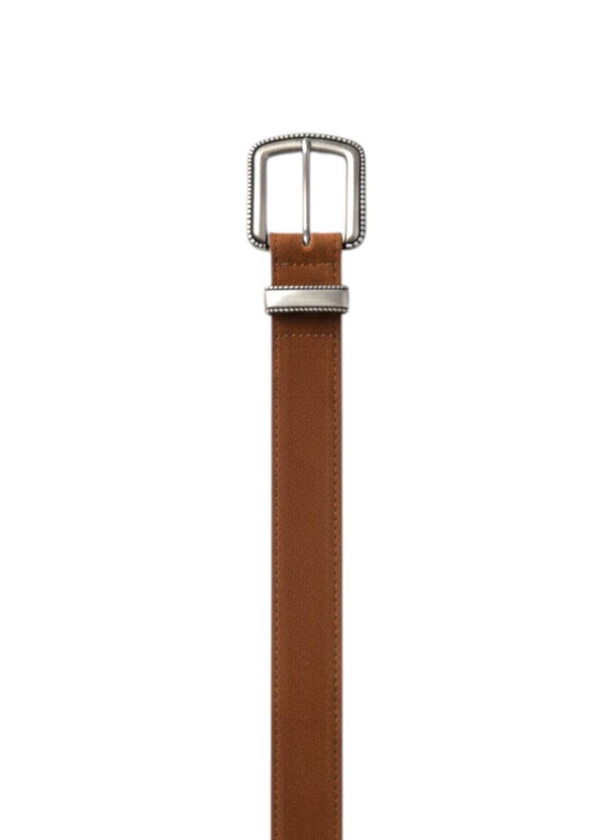 ROXANZ women's brown suede leather belt with silver western buckle and decorative stitching. Versatile accessory.