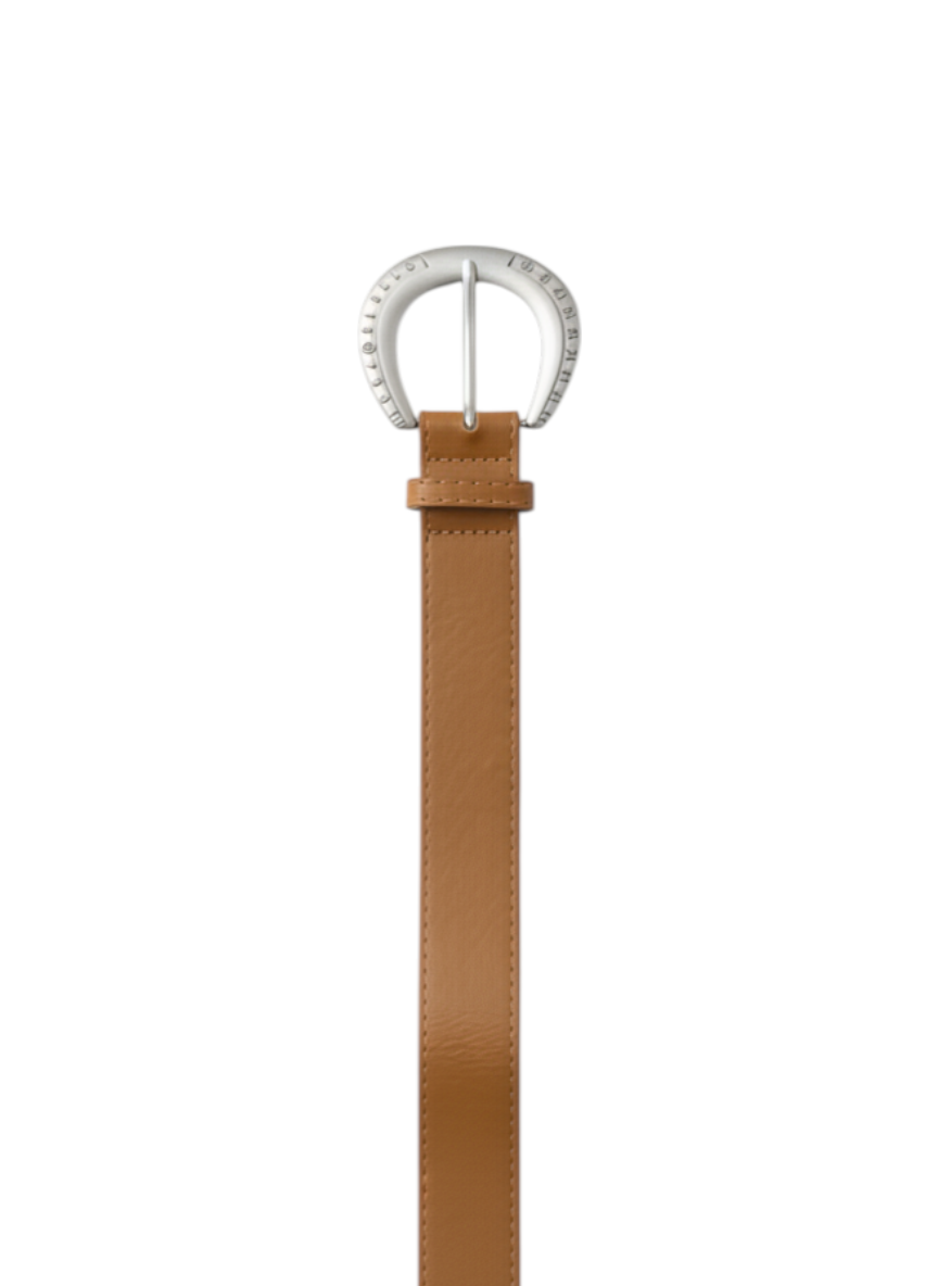 ROXANZ women's camel faux leather belt with engraved metal buckle featuring numbers. A versatile accessory for any outfit.