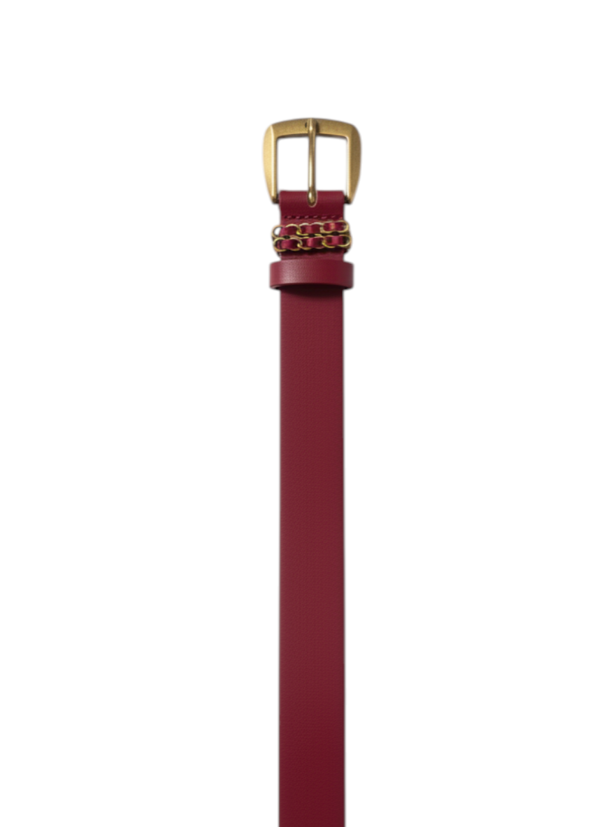 ROXANZ fuchsia women's belt with gold buckle and chain detail. Elegant fashion accessory.
